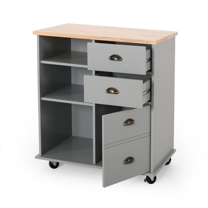 Rolling Kitchen Island Bar Cart, Drawers Shelves, Wheels, Brown, Gray - Benzara