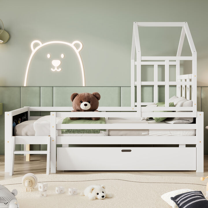 Merax Kids House Bed with Ladder and Storage Drawers