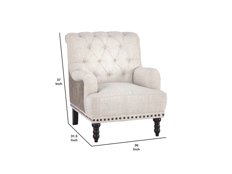 Wooden Accent Chair with Fabric and Faux Leather Upholstery,Gray and Cream-Benzara