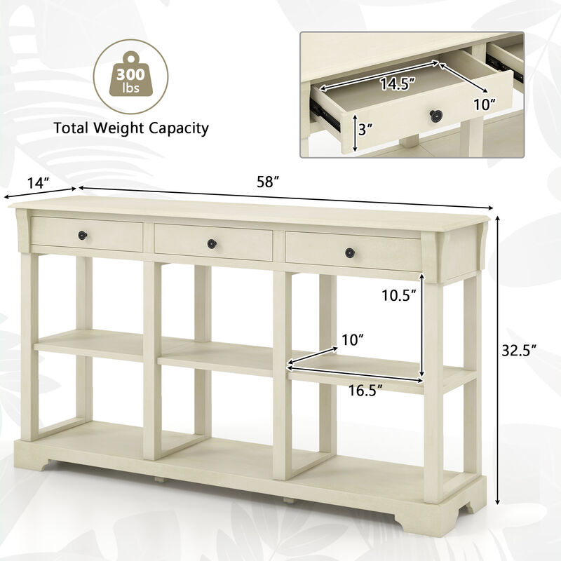 58" Retro Console Table with 3 Drawers and Open Shelves Rectangular Entryway Table