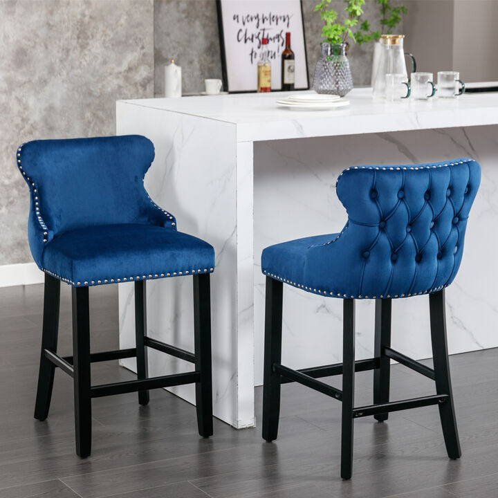 Contemporary Velvet Upholstered Wing-Back Barstools With Button Tufted