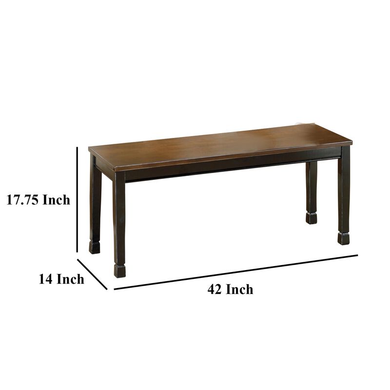Vilo Dining Bench, 42 Inch, Rich Brown Wood Seat, Black Tapered Legs - Benzara