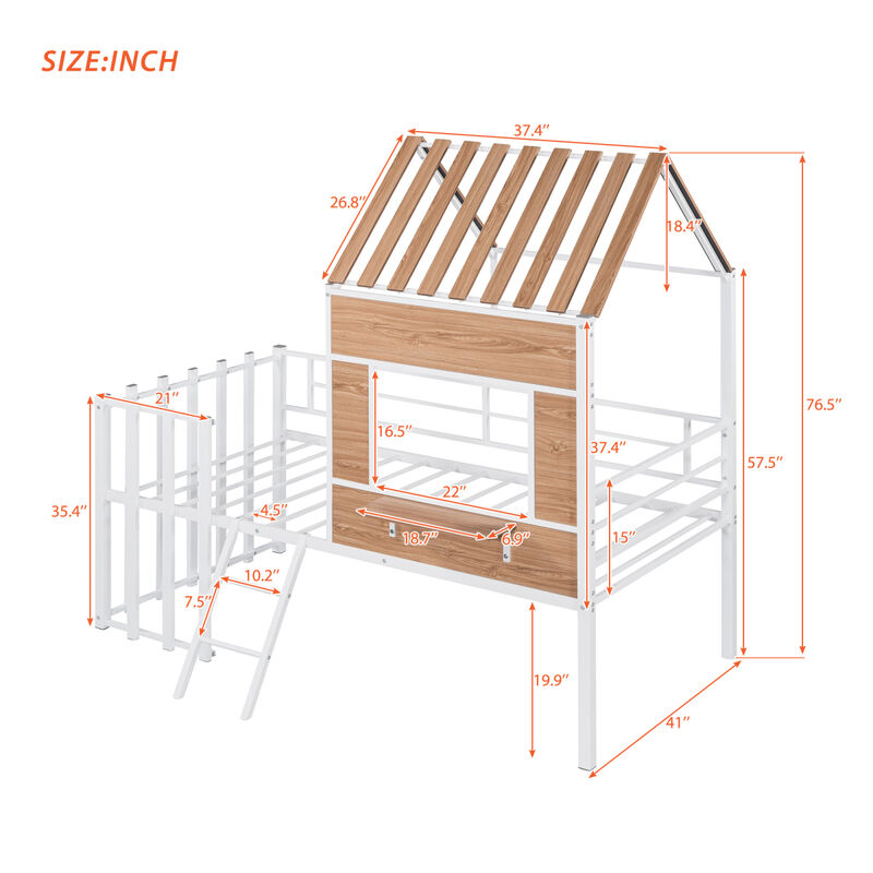 Metal Twin Size Loft Bed With Roof, Window, Guardrail, Ladder