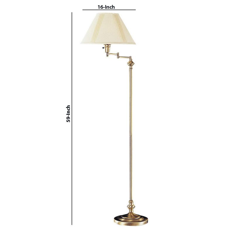 150 Watt Metal Floor Lamp with Swing Arm and Fabric Conical Shade, Gold-Benzara