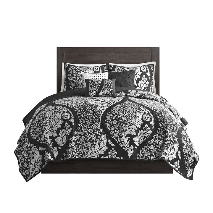 Gracie Mills Muriel 6 Piece Damask Printed Cotton Quilt Set with Throw Pillows