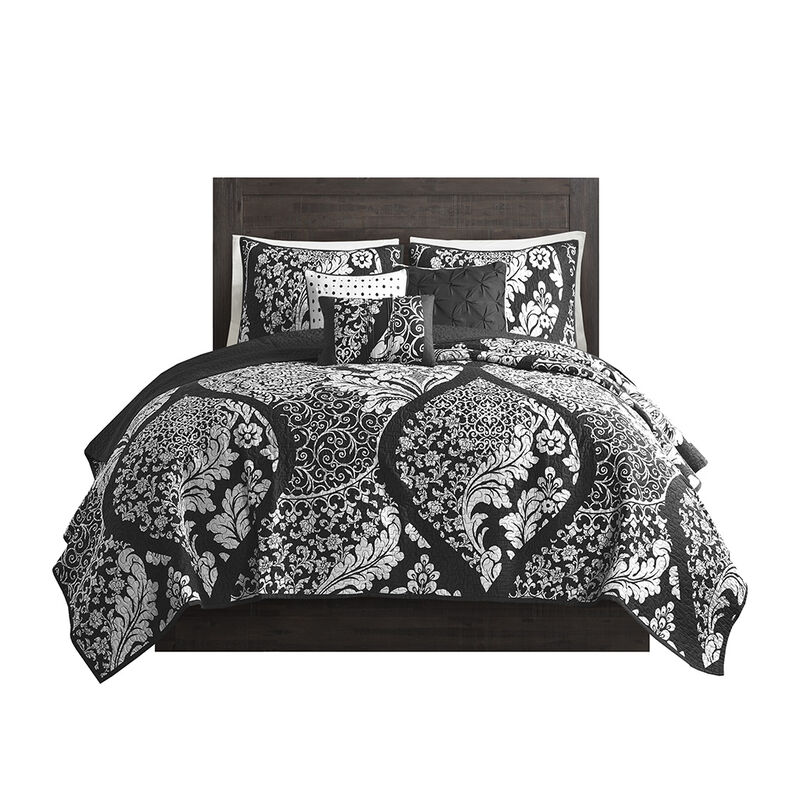 Gracie Mills Muriel 6 Piece Damask Printed Cotton Quilt Set with Throw Pillows