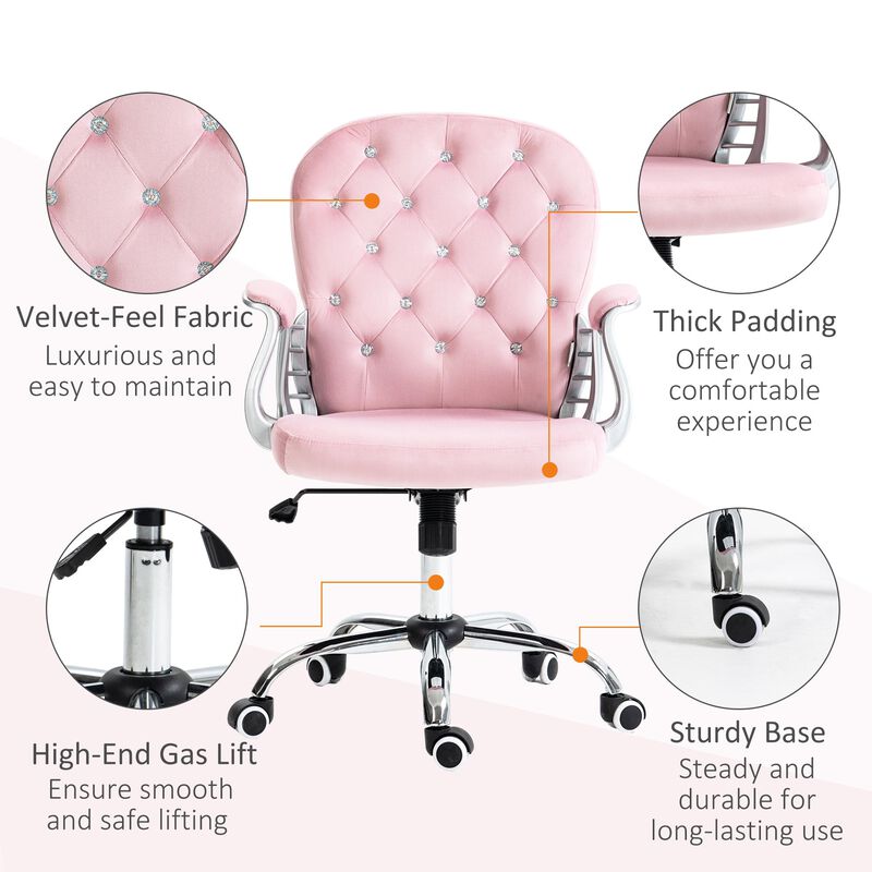Pink Velvet Office Chair: Tufted, Padded Arms, Swivel