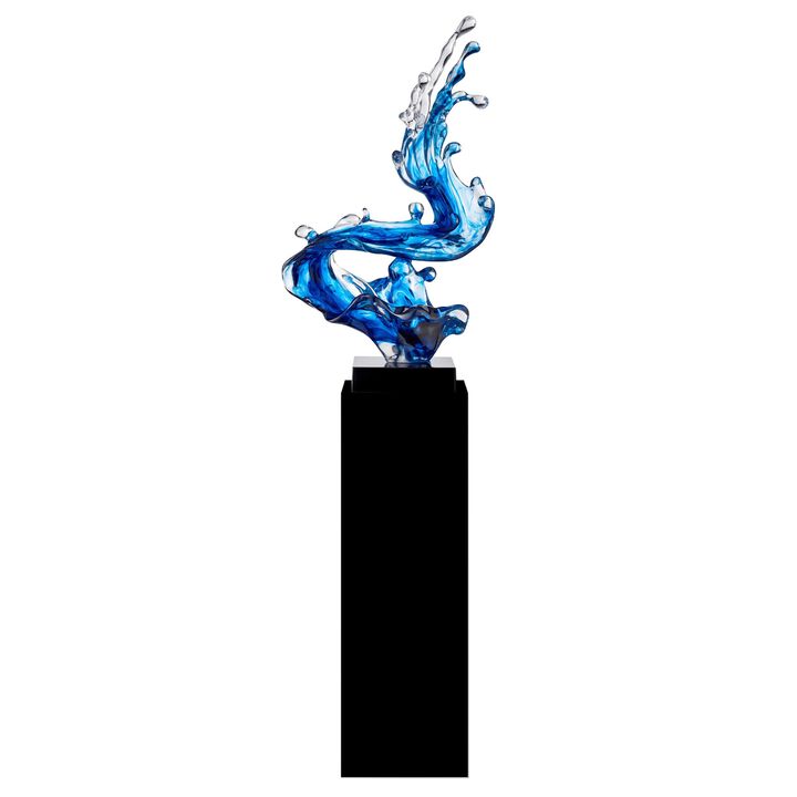 Wave Floor Sculpture Ocean Blue with Black Stand Resin Handmade 57" Tall