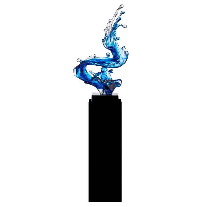 Wave Floor Sculpture Ocean Blue with Black Stand Resin Handmade 57" Tall