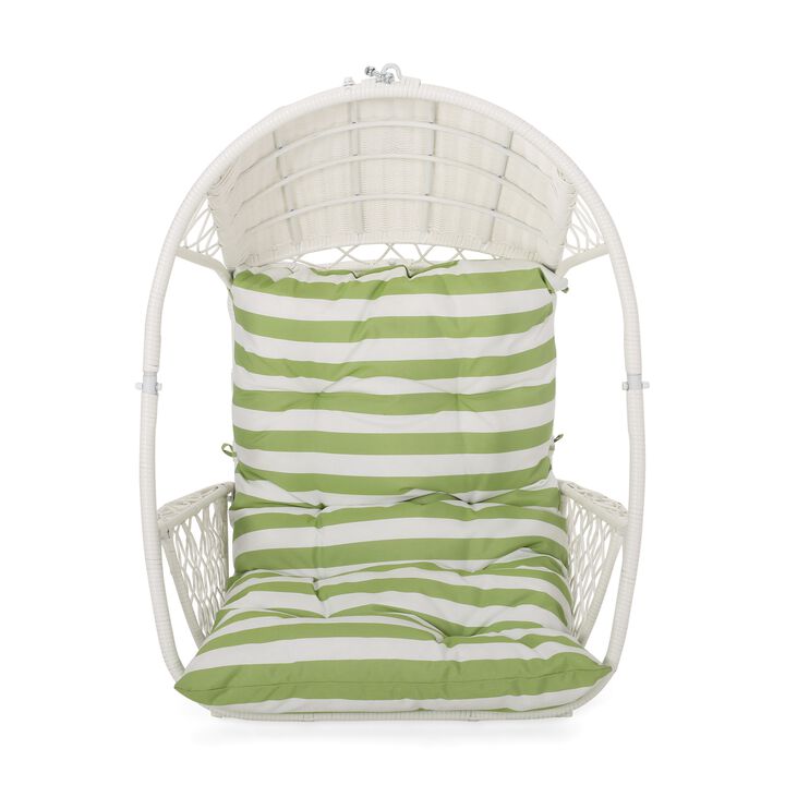 Ory Outdoor Hanging Chair, Cocoon Shape Abstract Design, White Rattan -Benzara
