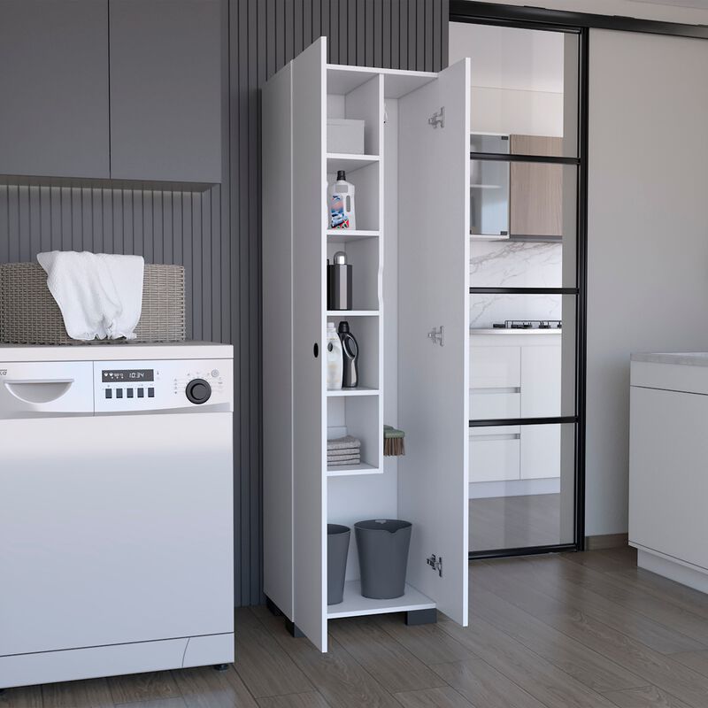 DEPOT E-SHOP Attica Broom Cabinet Double-Door Design with Inner Shelves and Side Hangers, White