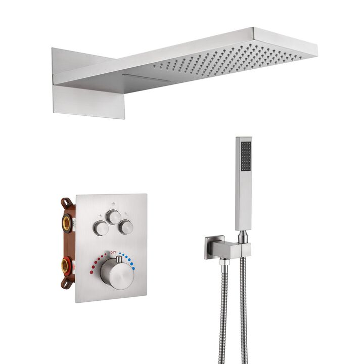Mondawe 2 Functions 3-Spray Patterns Wall Mounted Luxury Thermostatic Shower System with Rough-in Valve in Matte Black