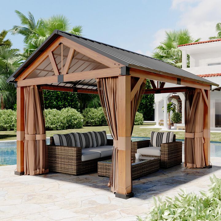 Clihome 11x12ft Patio Hardtop Gazebo with Curtains and Nettings Wooden Canopy Aluminum Frame