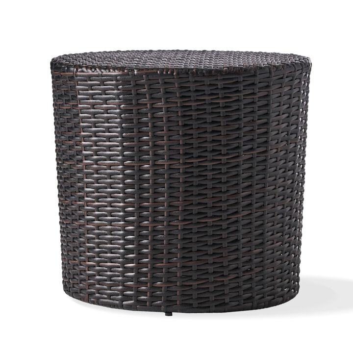 Olum Outdoor End Table, Barrel Shaped Wicker, 18 Inch Brown PE Rattan - Benzara