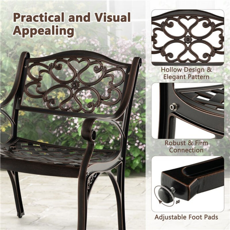 Cast Aluminum Dining Chairs Set of 2 with Patio Chairs Armrests Flower Pattern-Bronze
