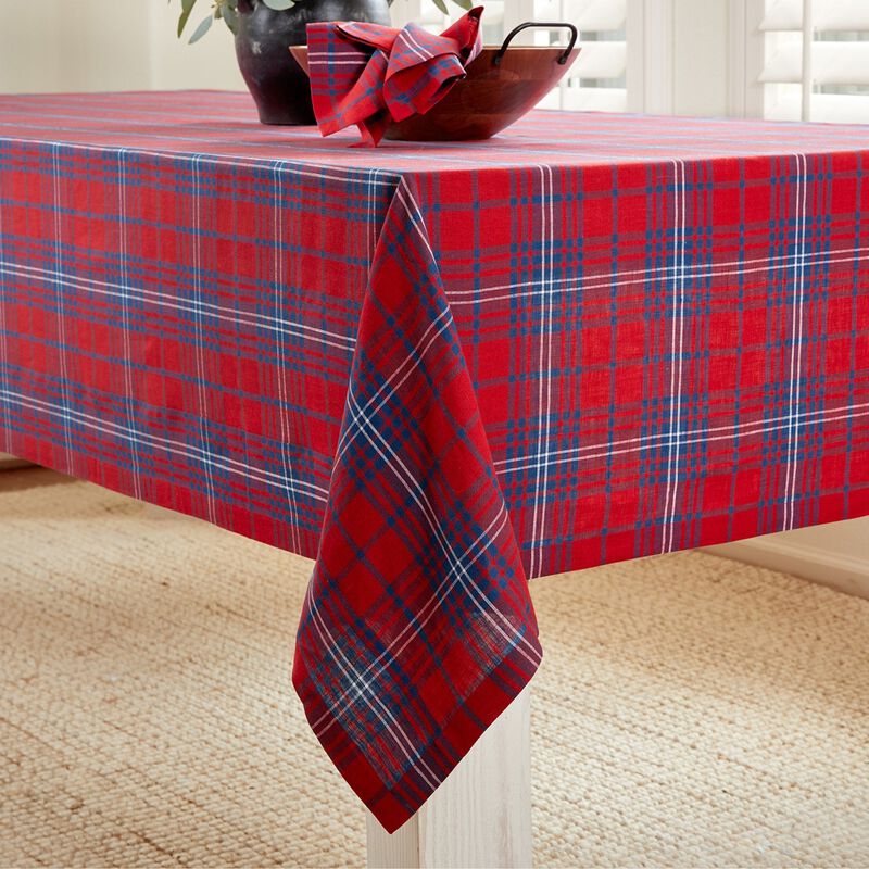 Solino Home 100% Pure Linen Red and Navy Tartan Plaid Tablecloth