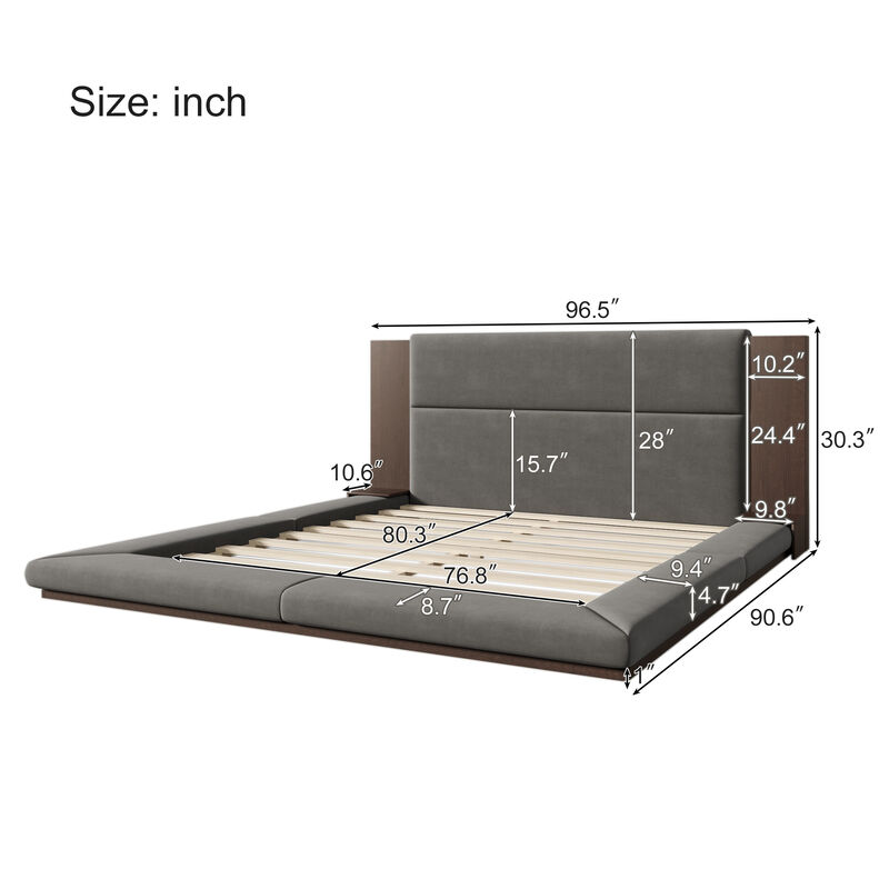 Merax Floor Upholstered Platform Bed with Extended Headboard
