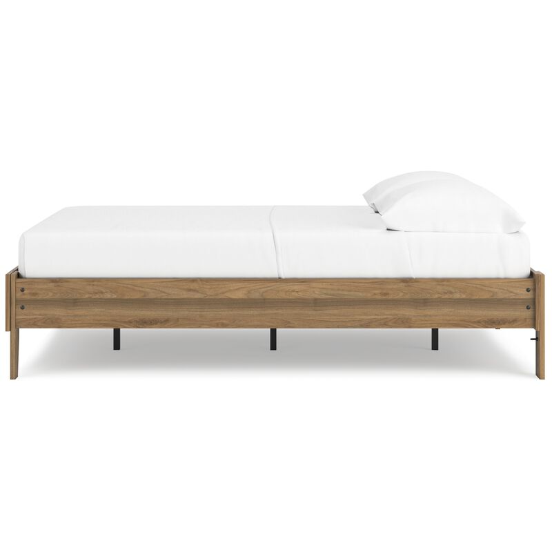 Deana Full Platform Bed, Honey Brown Wood, Low Profile Tapered Legs - Benzara