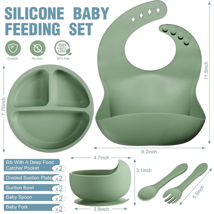 10-Piece Silicone Baby Feeding Set – Includes Suction Bowl, Divided Plate, Adjustable Bib, Soft Spoon & Fork for Infant Self-Feeding (Blue, Green).