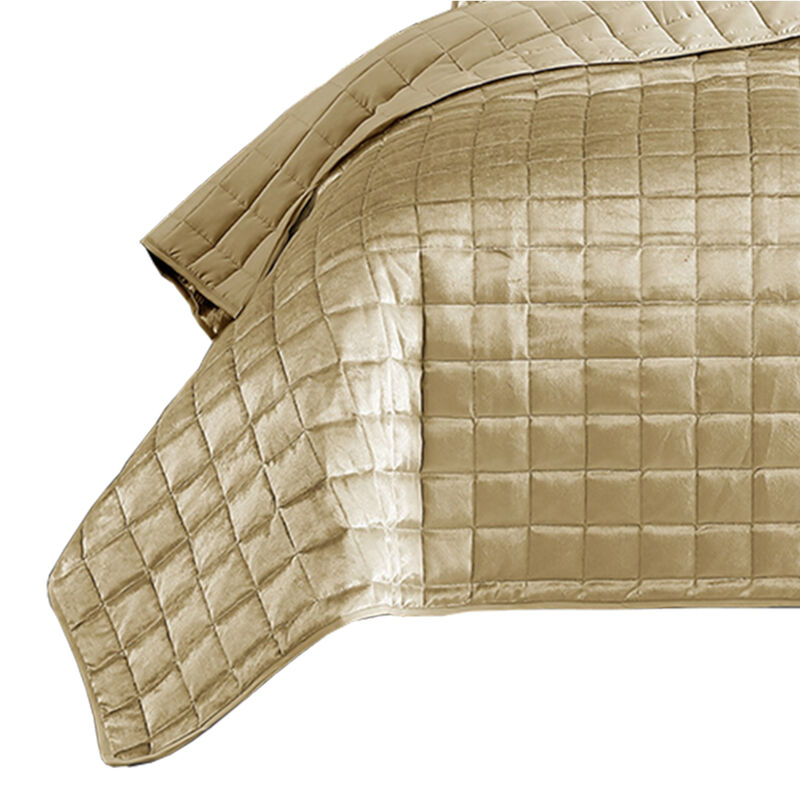 3 Piece Queen Size Coverlet Set with Stitched Square Pattern, Gold-Benzara