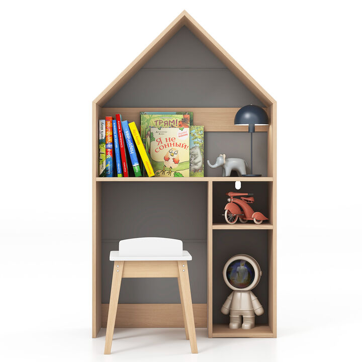 2-in-1 Kids House-Shaped Table and Chair Set-Grey