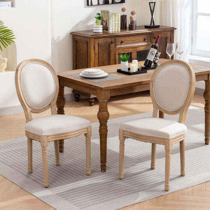 French Style Solid Wood Frame Antique Painting Linen Fabric Back Dining Chair, Set Of 2, Beige