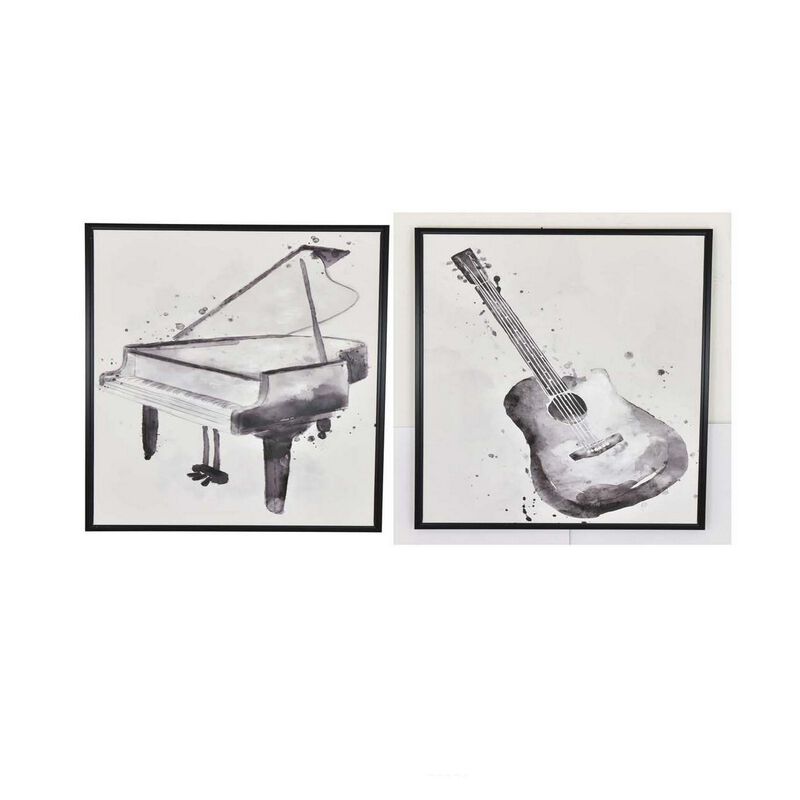 30 x 40 Framed Wall Art Painting Set of 2, Guitar and Piano, Black, White - Benzara