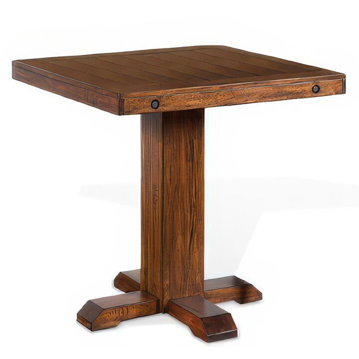 Reggie Bar Table, Adjustable Pedestal Base, 36 Inch Square Top, Brown - Benzara
