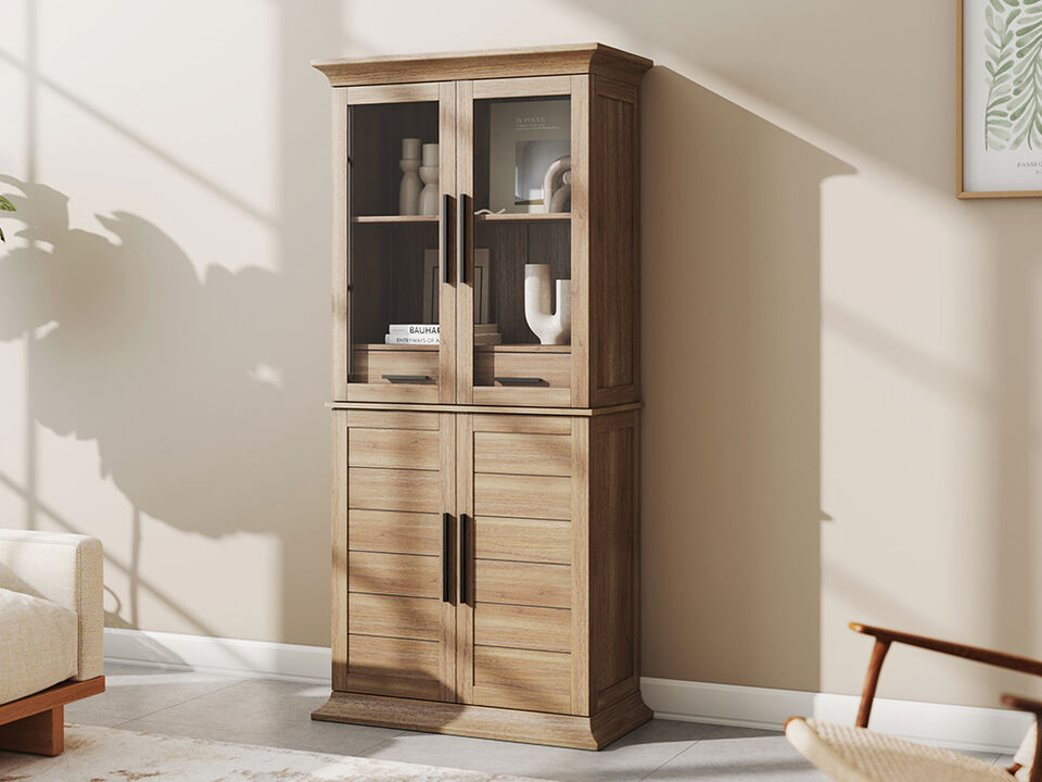 BELLEZE 72" Tall Kitchen Pantry Cabinet, Freestanding Corner Hutch with Storage, Large Storage Cabinet with Doors & Shelves, 2 Built-in Drawers for Kitchen, Dining & Living Room