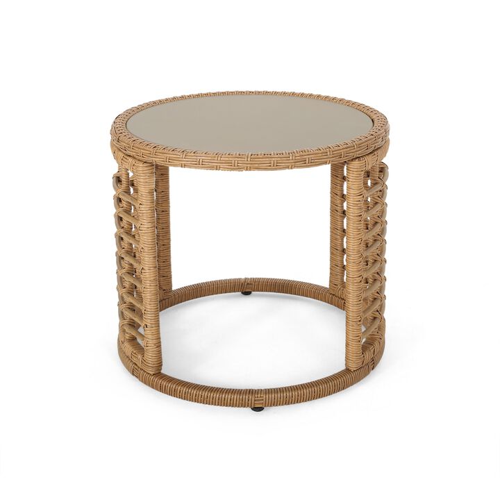 Round Side Table, 18 Inch Tempered Glass Top, Steel, Brown Faux Rattan - Benzara
