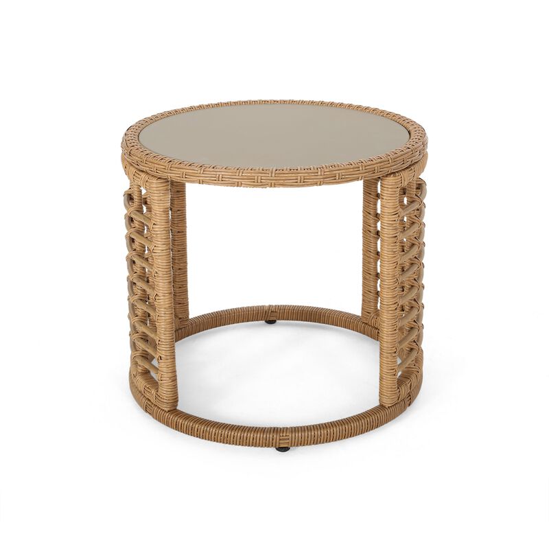 Round Side Table, 18 Inch Tempered Glass Top, Steel, Brown Faux Rattan - Benzara