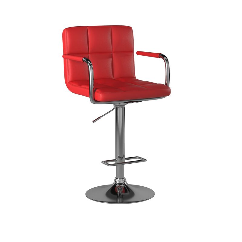 Leatherette Swivel Barstool with Square Stitched Details, Red and Silver-Benzara