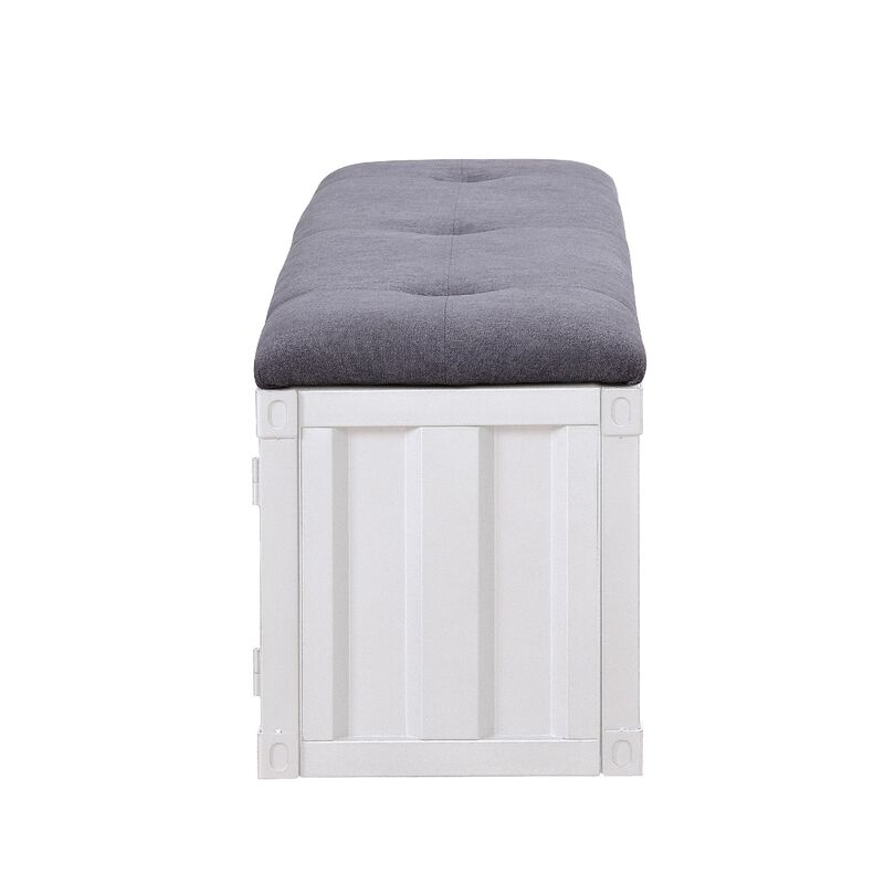Metal Bench with Open Storage and Tufted Fabric Seat, White and Gray-Benzara