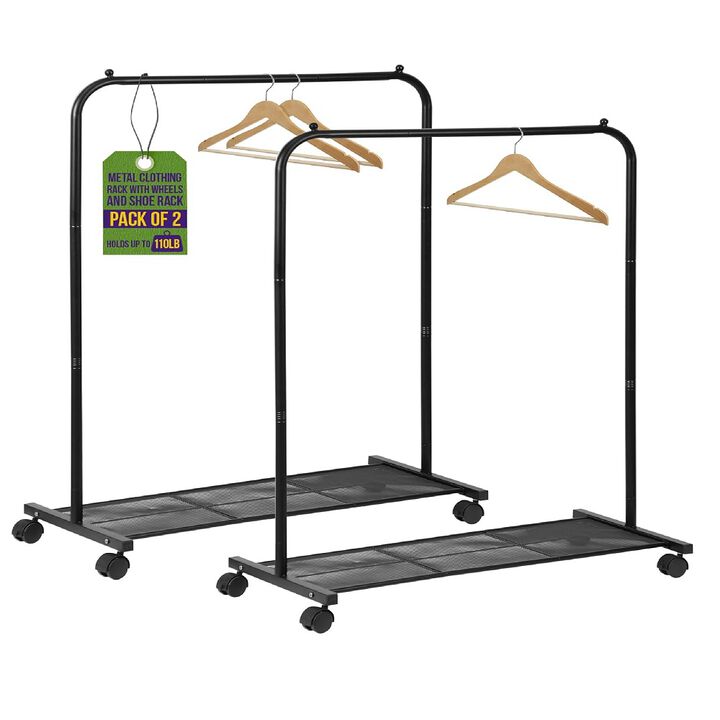 Lifemaster Metal Clothes Rack - Pack of 2 Versatile, Ample Storage Space, Simple Assembly, Hanging Garment and Clothes Rolling Rack with Wheels - Black