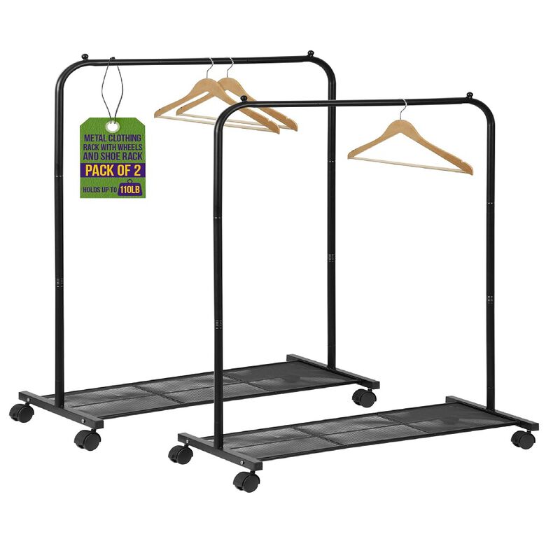 Lifemaster Metal Clothes Rack - Pack of 2 Versatile, Ample Storage Space, Simple Assembly, Hanging Garment and Clothes Rolling Rack with Wheels - Black