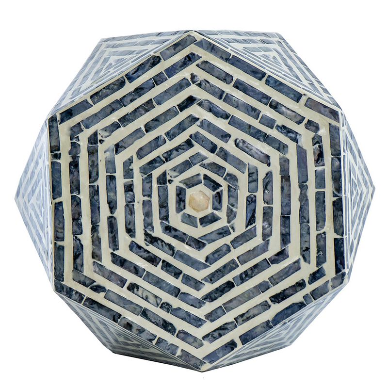 18 Inch Accent Table Stool, Hexagonal Design, Diamond Pattern, Blue, White - Benzara