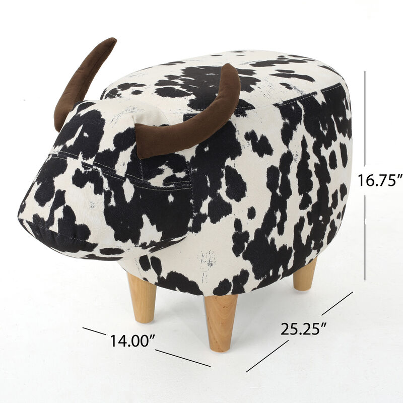 Massy Cow Kids Ottoman 25 Inches, Black, White Velvet, Light Brown Horn - Benzara