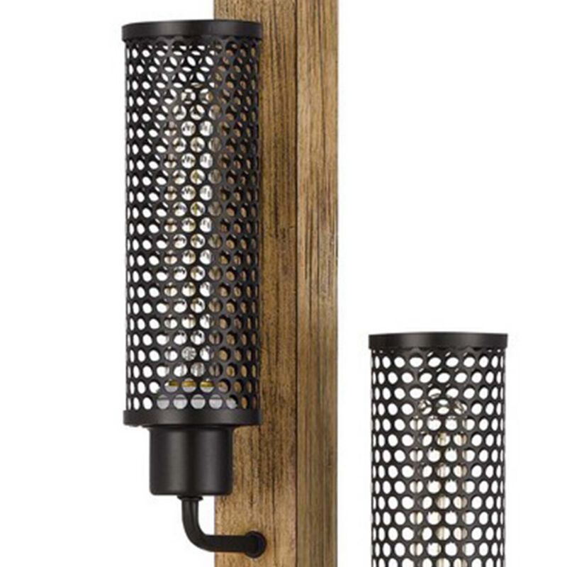 Wooden Floor Lamp with 3 Metal Mesh Shades, Brown and Black-Benzara