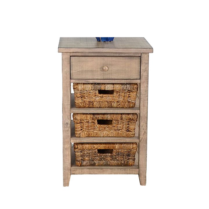 Rena End Table, 3 Natural Rattan Storage Baskets, 20 Inch Brown Wood - Benzara