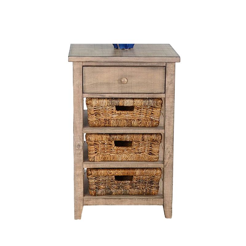 Rena End Table, 3 Natural Rattan Storage Baskets, 20 Inch Brown Wood - Benzara