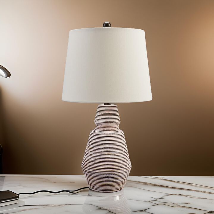 Aerd 23 Inch Table Lamp Set of 2, White Drum Shade, Ribbed Base Turned - Benzara