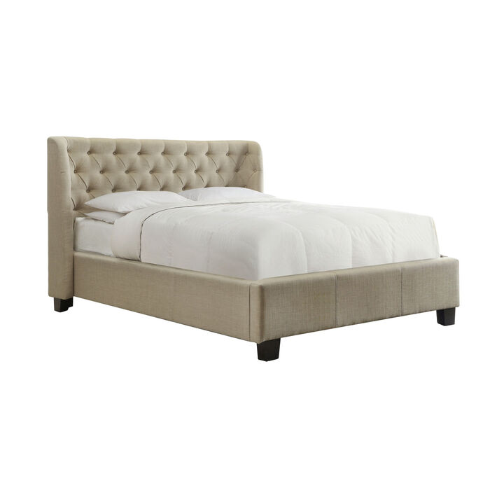 Pax California King Size Bed, Beige Linen, Curved Button Tufted Headboard  - Benzara