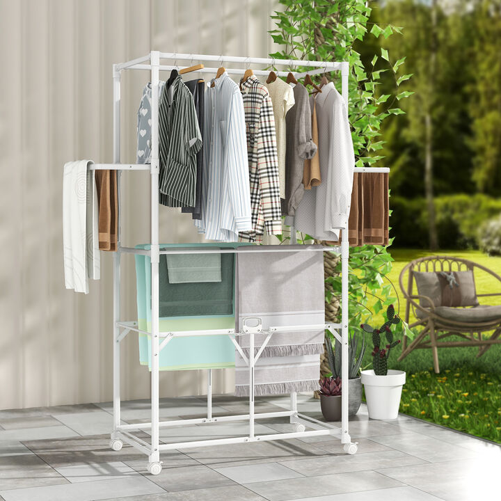 Foldable Aluminum Laundry Rack with Hanging Rods and Drying Shelves for Space-Saving Clothes Drying