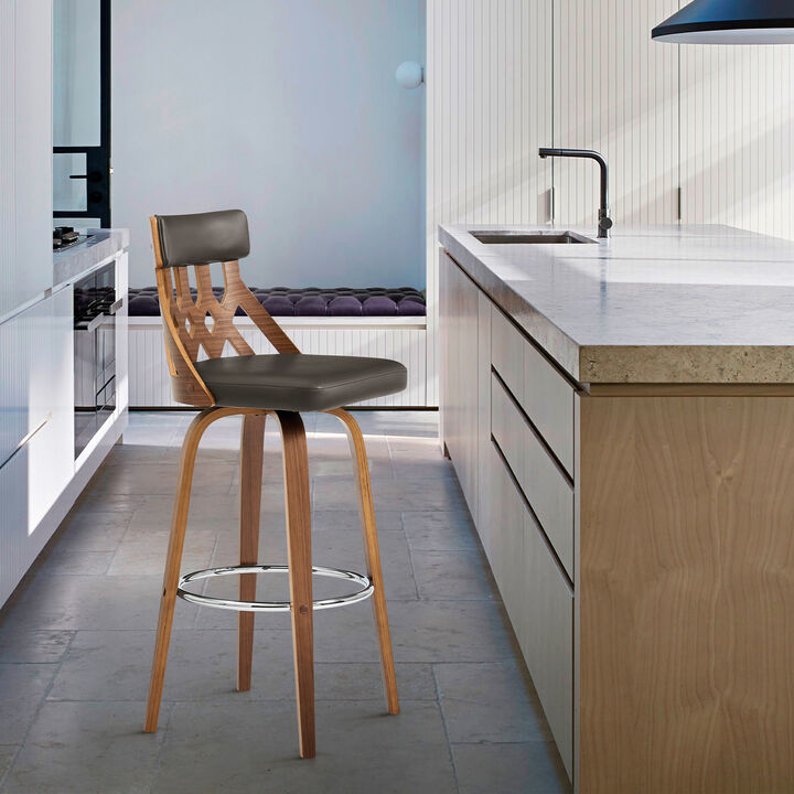 Crux Swivel Bar Stool in Cream Faux Leather and Walnut Wood