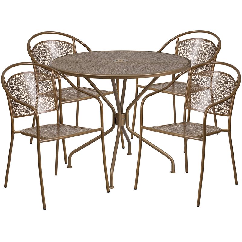 Flash Furniture Oia Commercial Grade 35.25" Round Gold Indoor-Outdoor Steel Patio Table Set with 4 Round Back Chairs