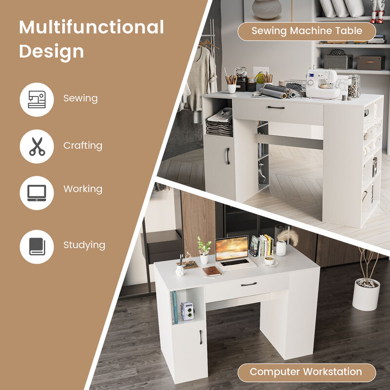 Counter Height Sewing Craft Table and Computer Desk with Adjustable Shelves and Drawer