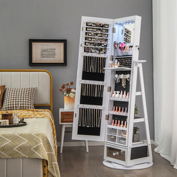Lockable 360� Swivel Jewelry Cabinet with Full-Length Mirror LED Lights-White