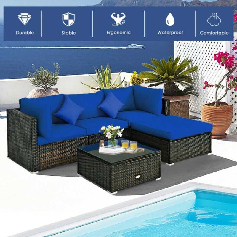Hivvago 5 Pcs Outdoor Patio Rattan Furniture Set Sectional Conversation with Navy Cushions
