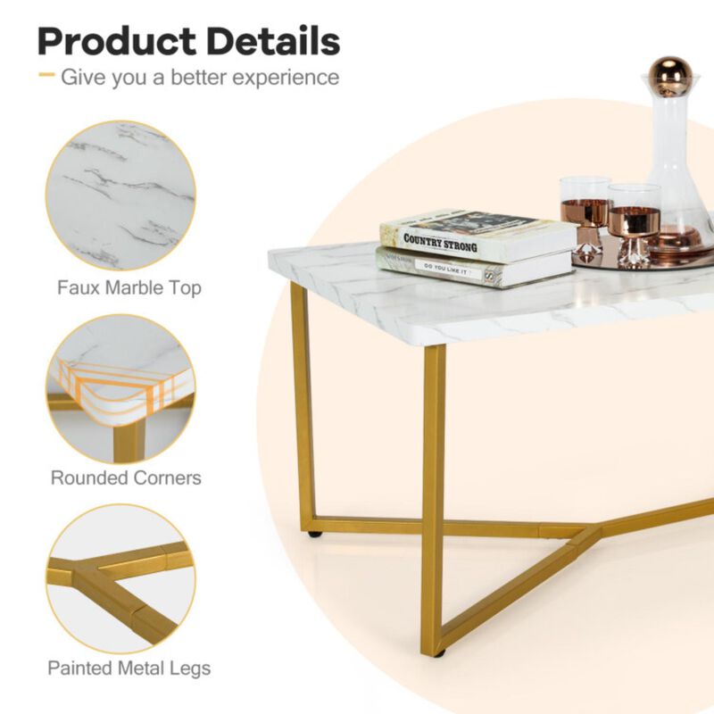Hivvago White Faux Marble Coffee Table with Gold Finished Metal Frame