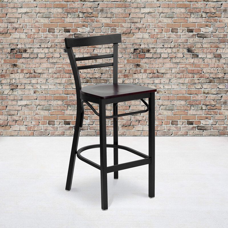 Flash Furniture HERCULES Series Black Two-Slat Ladder Back Metal Restaurant Barstool - Mahogany Wood Seat